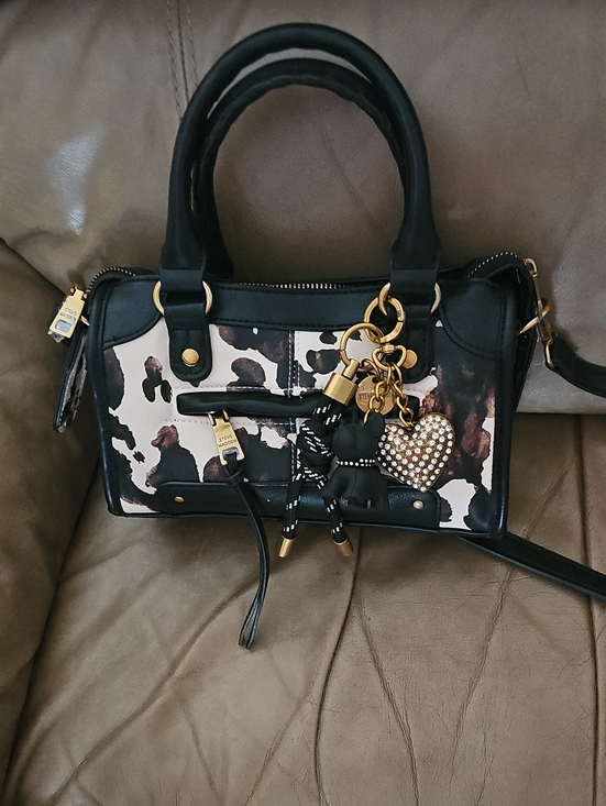 Steve Madden Handbags - Steve Madden Black and Cream Leopard-Print Satchel with Heart Charm